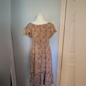 🌼 Patrons of Peace Smocked Boho Floral Midi Dress – Size L
